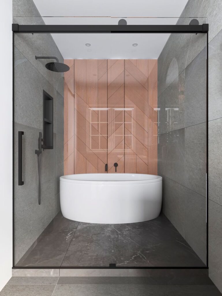 Design render of a Markham master bathroom combined tub and shower wet area with grey stone look porcelain, walnut chevron feature wall and a black sliding glass door