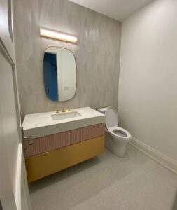 powder room renovation with modern colorfully vanity 1