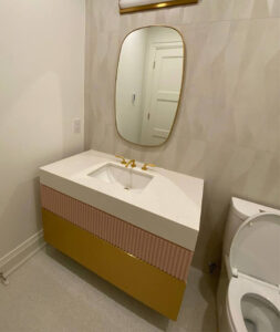 powder room renovation with modern colorfully vanity