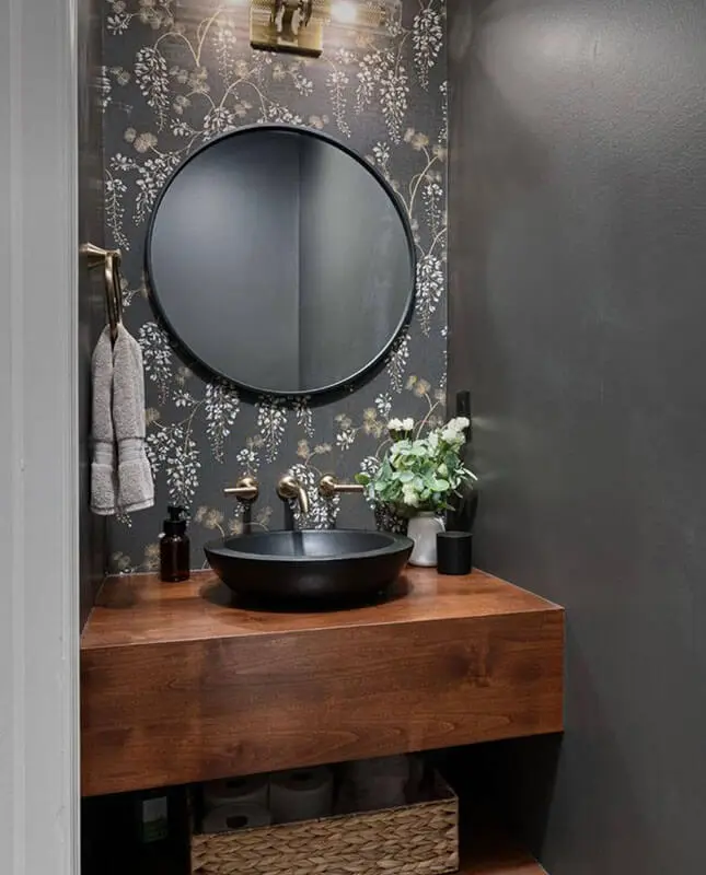 powder room renovation with wallpaper