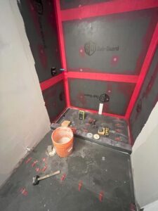 Waterproofing Application We apply a waterproofing membrane over the entire bathroom floor, install moisture resistant drywall on the ceiling, and use waterproof panels in the shower or tub area
