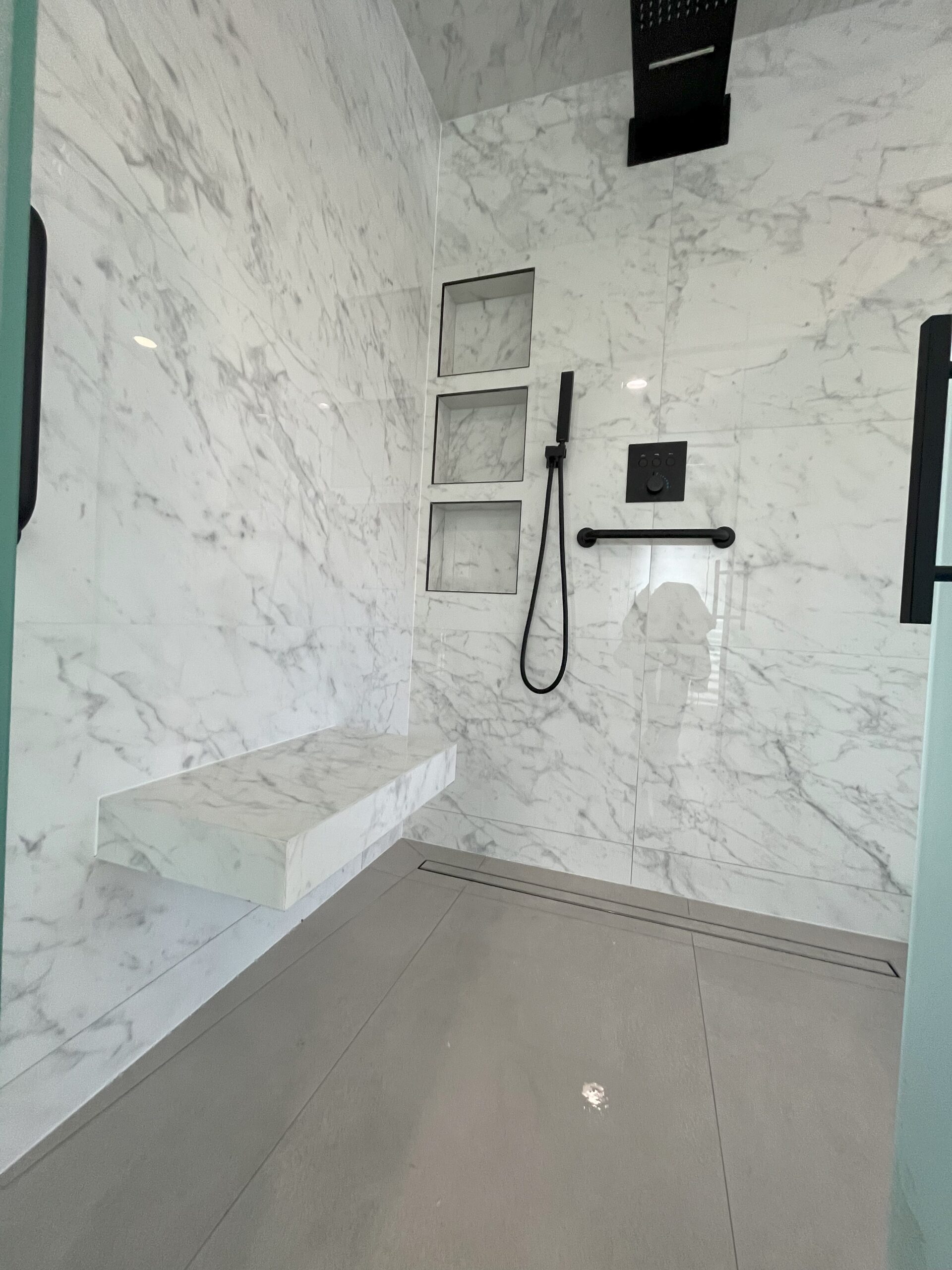 bathroom specialists markham insatallation curbless glass shower 3 custom niches tiled seat 3
