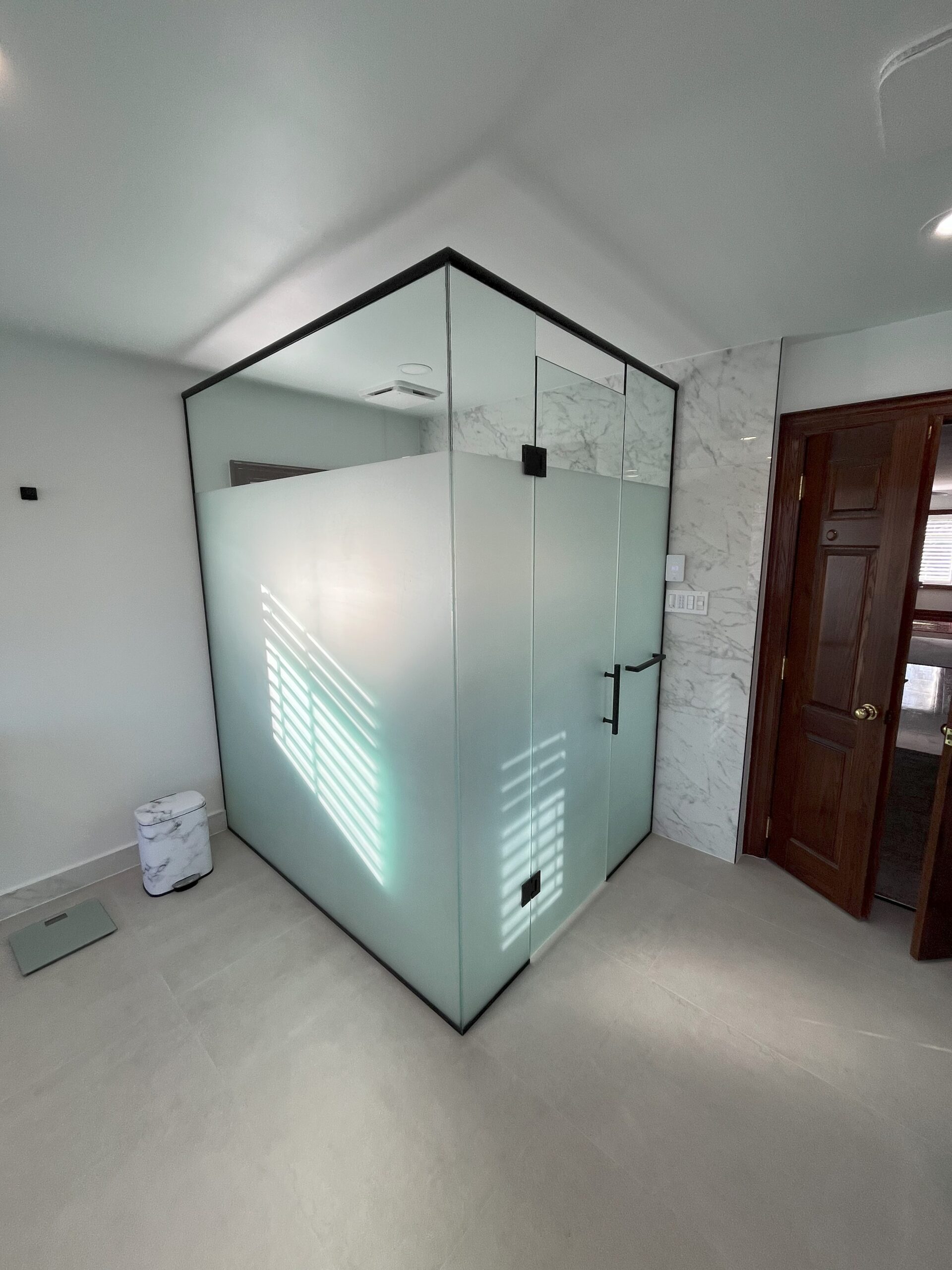 custom bathroom markham toilet area installation enclosed glass panels glass door 2