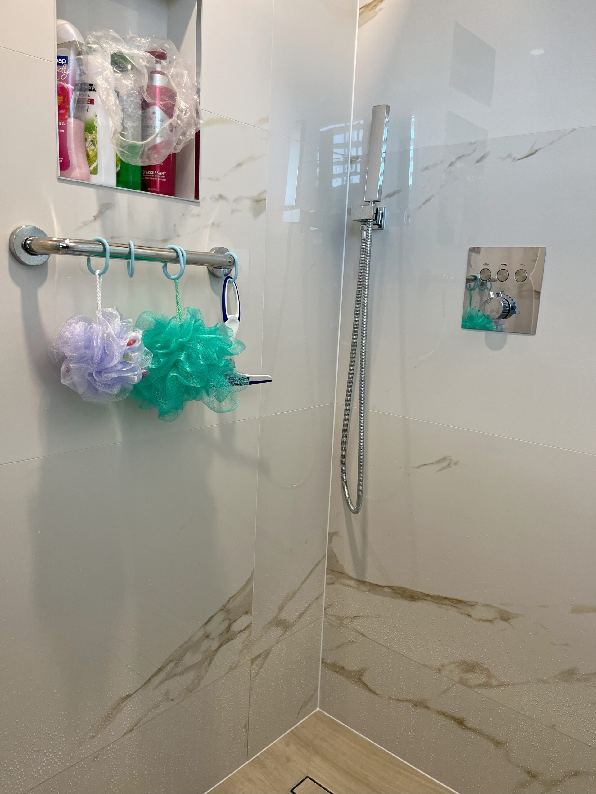 markham small bathroom renovation insatallation curbless glass shower custom niche fly vanity smart toilet electric heated towel rail underfloor heating 9