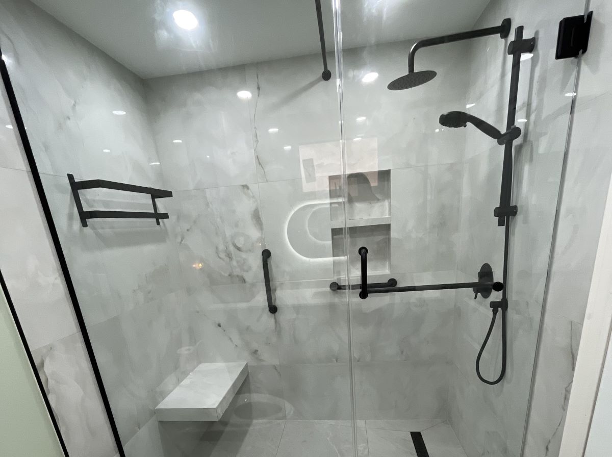 small bathroom renovation markham Glasses Curbless Walk In Showers with custom seat and niches tiled recesses stylish slip resistant floor tile Grab Bars and Handrails for the seniors