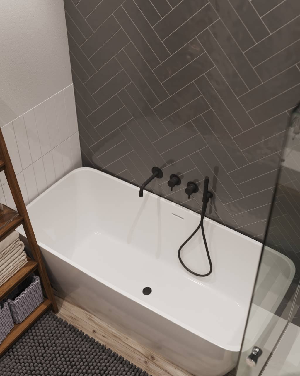 Minimalist built in bathtub design with matte black fixtures, herringbone tile and glass screen Barrie