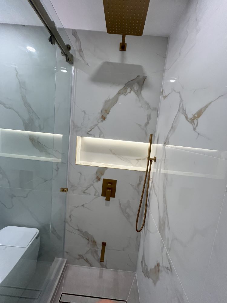 tub to shower remodel, glass shower with custom niche and led lighting bath renovation Barrie