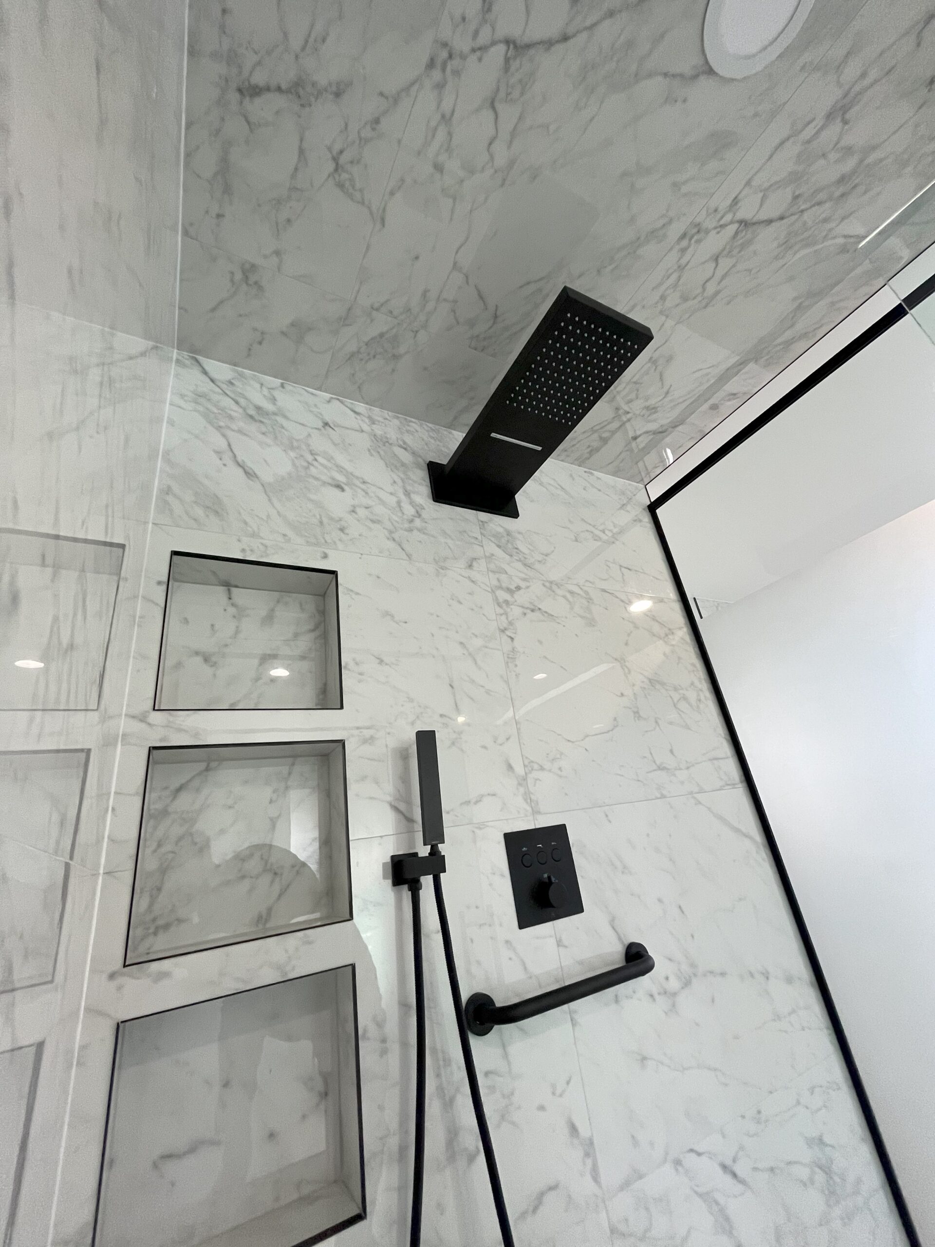 bathtub to shower renovation, insatallation curbless glass shower 3 custom niches tiled seat bathroom Barrie