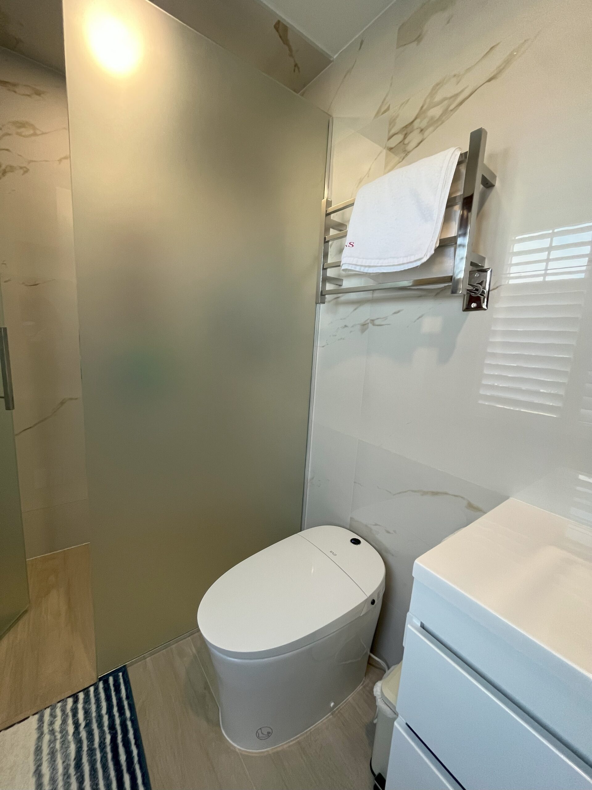 insatallation curbless glass shower custom niche fly vanity smart toilet electric heated towel rail underfloor heating bathroom remodelers Barrie