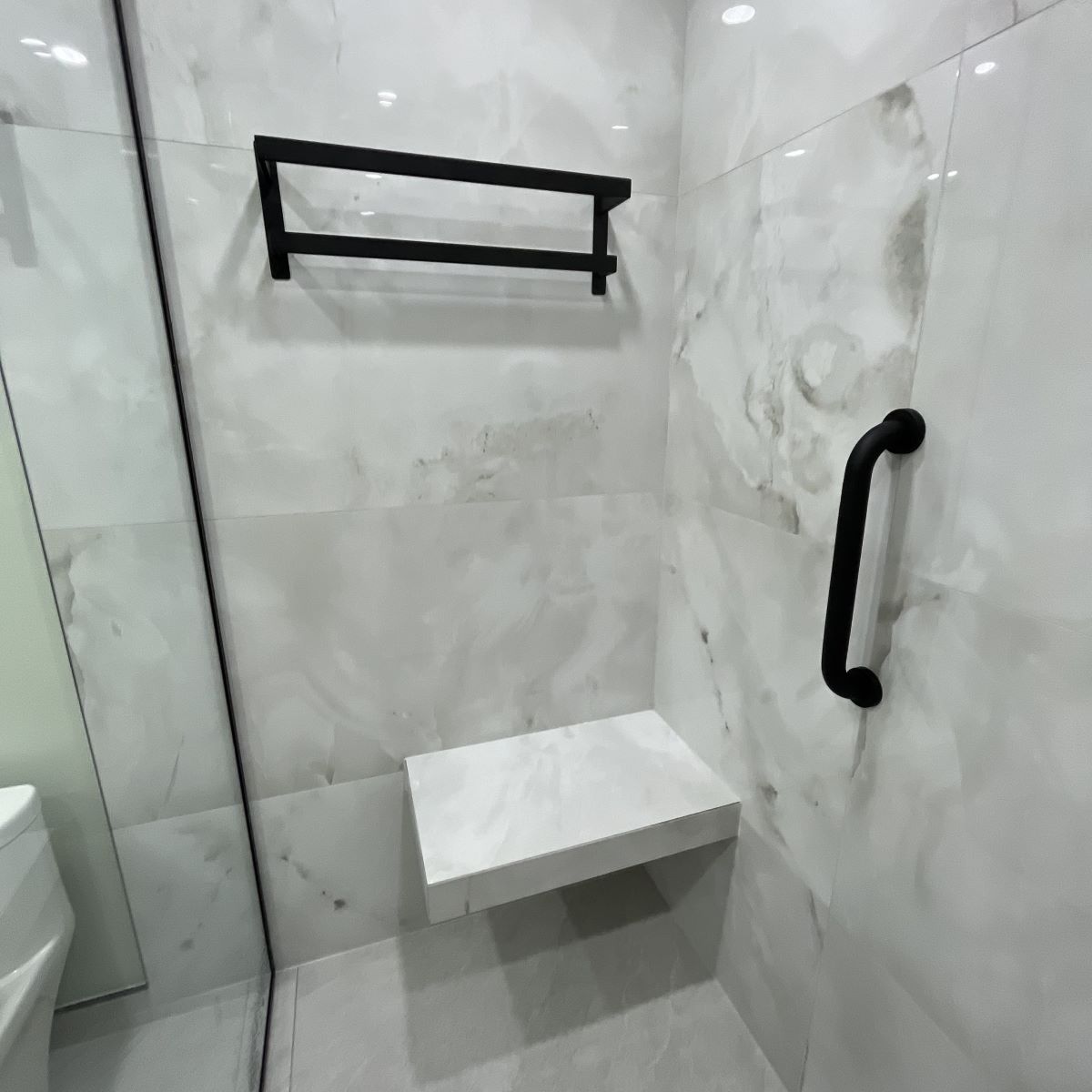 convert soaking tub to shower, small bathroom remodel Glasses Curbless Walk In Showers with custom seat tiled recesses Grab Bars and Handrails for the seniors Barrie