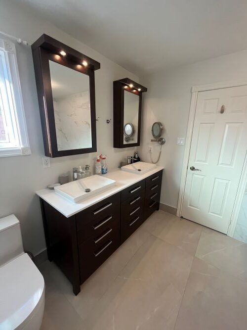 vanity by replacing the countertop with sleek quartz surface and installing two new recessed sinks and faucets Barrie