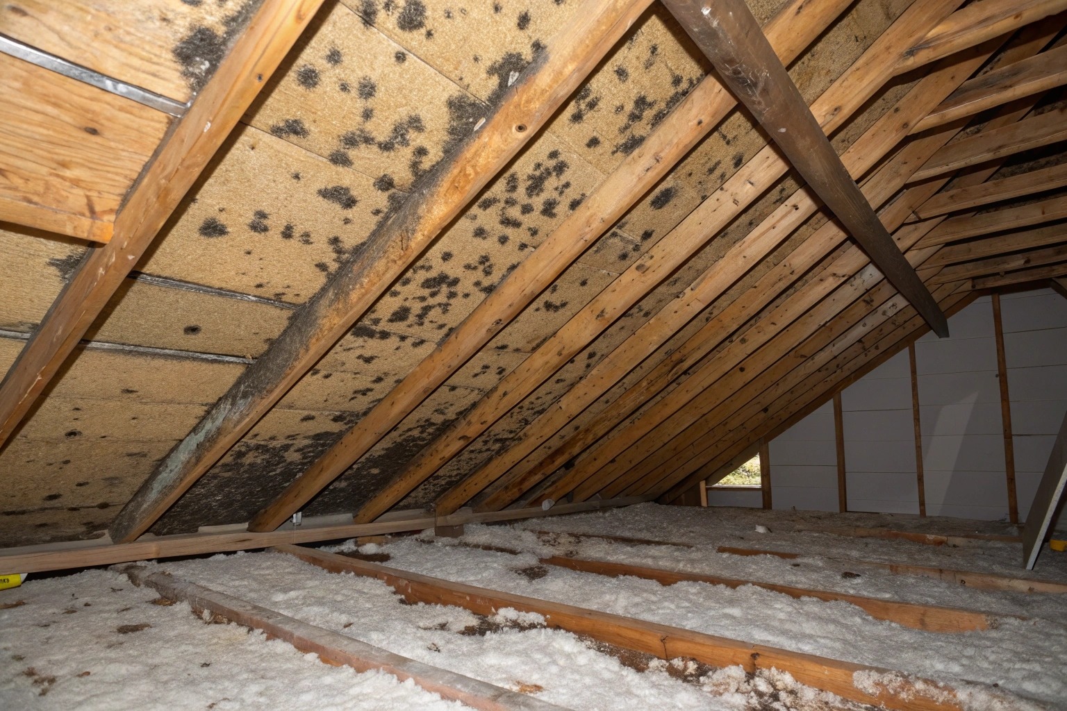 attic space with visible mold growth on insulation