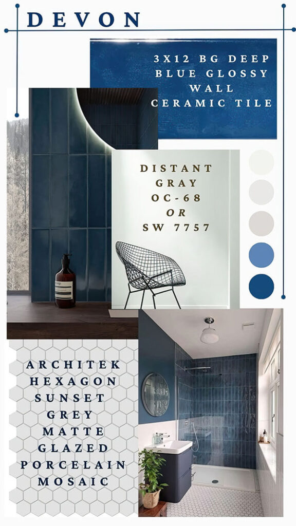 DEVON – Moody bathroom palette with deep blue subway tiles and grey hex floor
