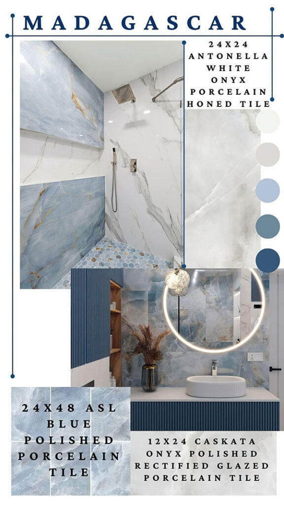 MADAGASCAR – Luxury blue onyx mood board with white onyx walls and polished accents