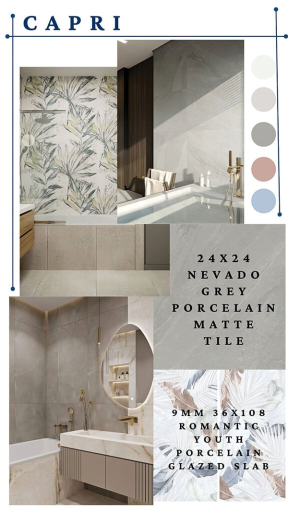 CAPRI – Serene botanical bathroom with leaf-pattern slab and soft grey porcelain