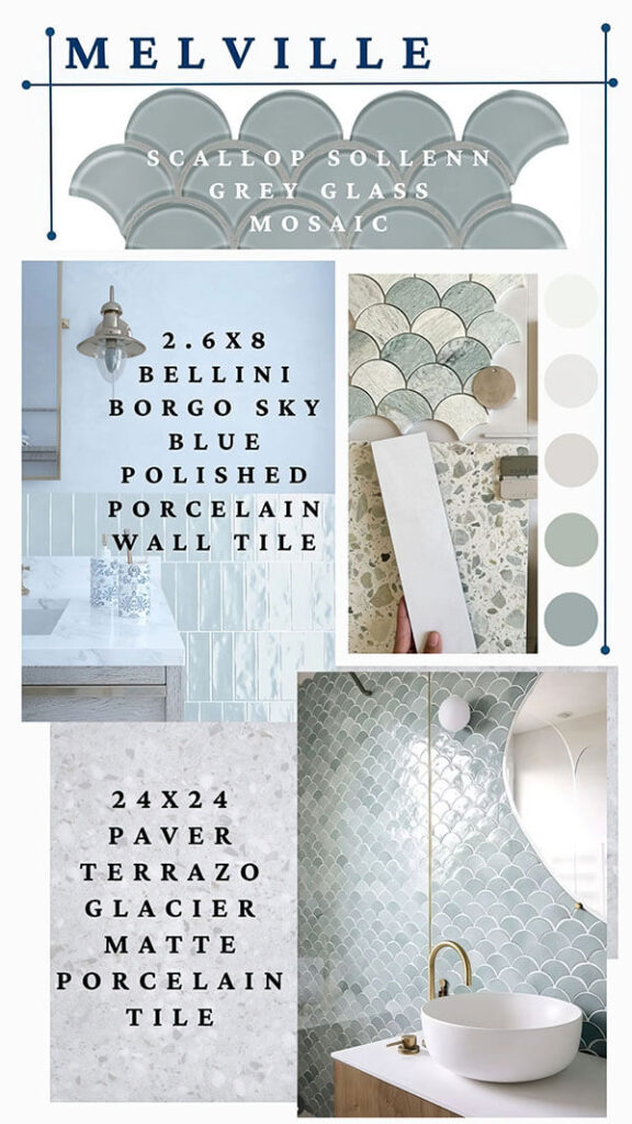 MELVILLE – Coastal bathroom mood board with grey scallop mosaic and sky-blue tiles