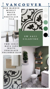 VANCOUVER – Graphic green and white bathroom with black-and-white patterned floor tiles