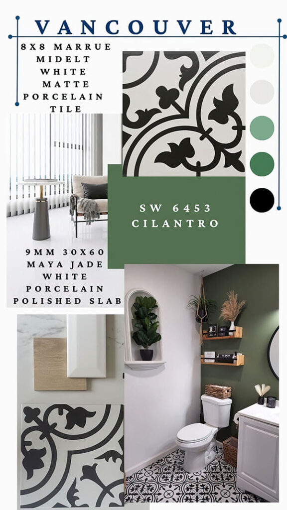 VANCOUVER – Graphic green and white bathroom with black-and-white patterned floor tiles