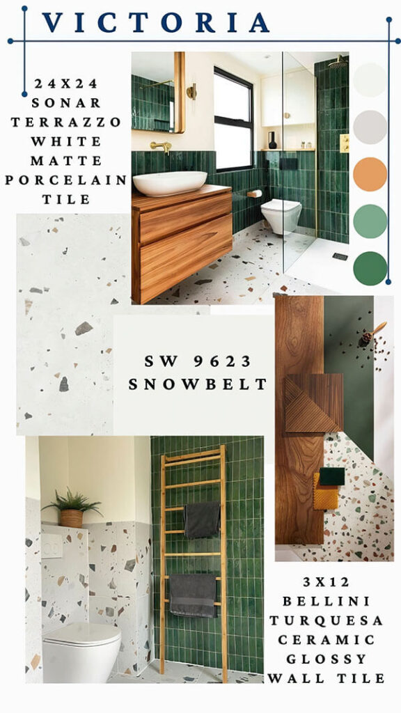 VICTORIA – Emerald wall tile with white terrazzo floor for a fresh modern bathroom