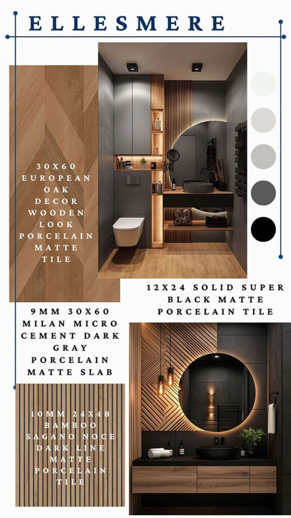 ELLESMERE – Moody wood and charcoal scheme with oak-look tile and microcement