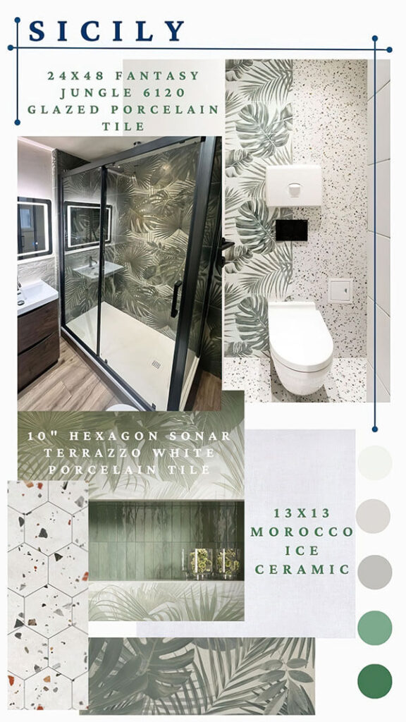 SICILY – Tropical bathroom with jungle-leaf feature wall and terrazzo hex floor