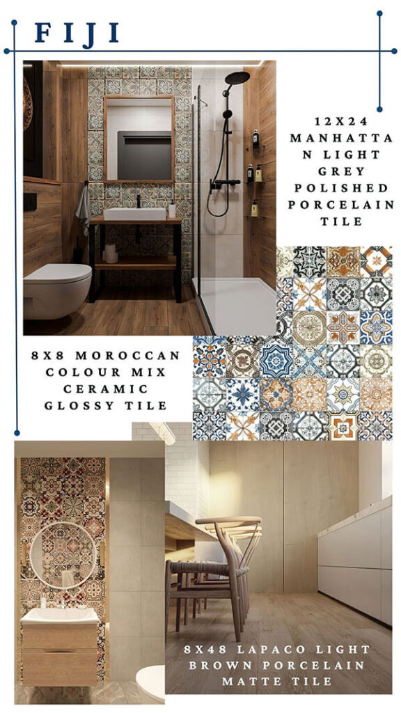 FIJI – Warm boho bathroom with Moroccan accent tile and light wood-look planks