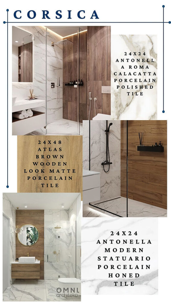 CORSICA – Timeless marble palette with warm wood-look accents and large formats