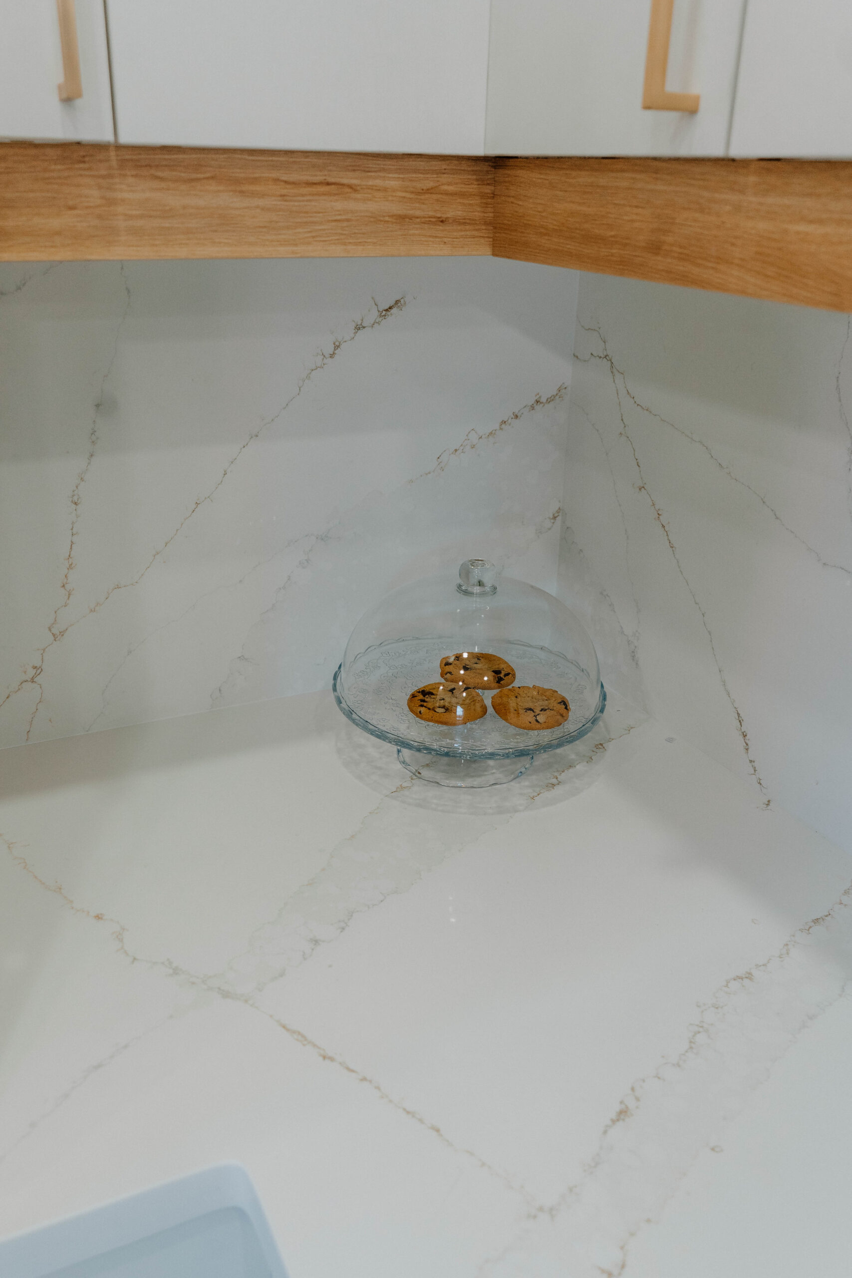 A styled corner of the kitchen showing the seamless quartz countertop and backsplash, accented by Rustic Oak cabinet framing Pickering