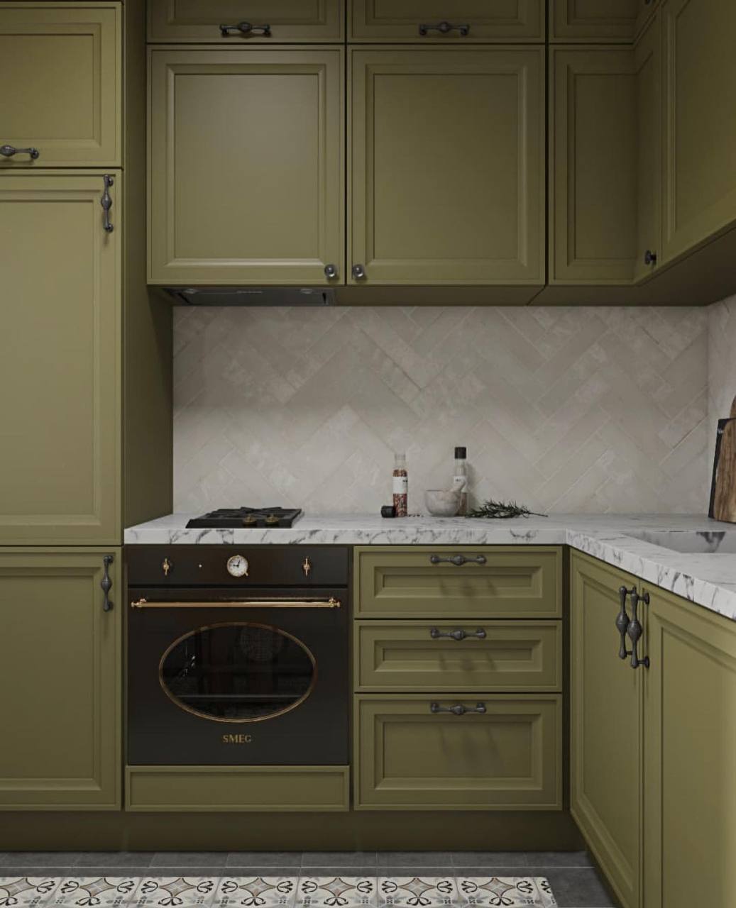 Corner view of the olive green kitchen showing a retro black SMEG oven and traditional black cabinet hardware Pickering