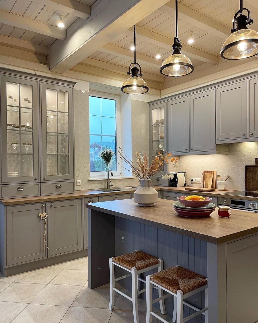 Grey and white Shaker kitchen with brass hardware Toronto