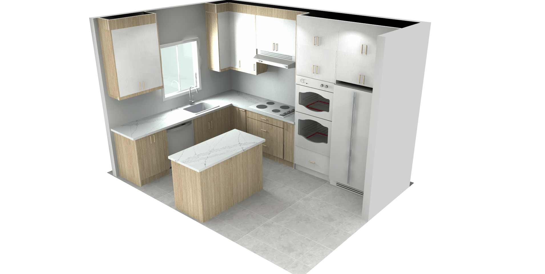 Initial 3D design concept for the Thornhill kitchen remodel, visualizing the layout with wood tone and white cabinets before the final plan Pickering