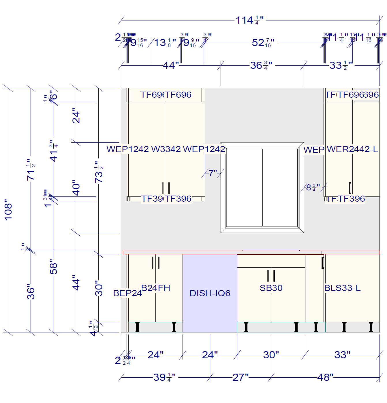 Technical kitchen elevation blueprint 114 inches wide showing placement of base cabinets sink and dishwasher DISH IQ6 Includes cabinet codes BEP24 SB30 and dimensions for wall cabinets Pickering