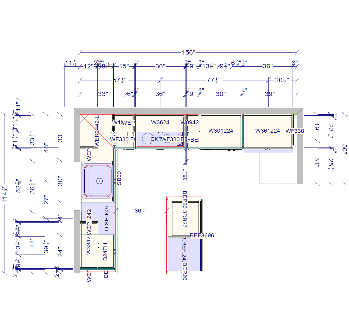 Top down floor plan for an L shaped kitchen layout, with overall dimensions of 156 inches by 114 inches. Details the placement of the sink (SB30), dishwasher (DISH IQ8), and base cabinets Pickering