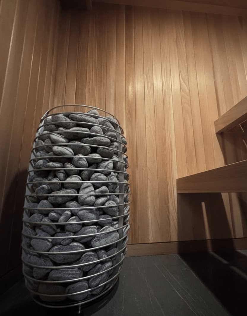 Bespoke home sauna installation in GTA featuring Huum Drop electric heater with high stone mass(Gemini generate)