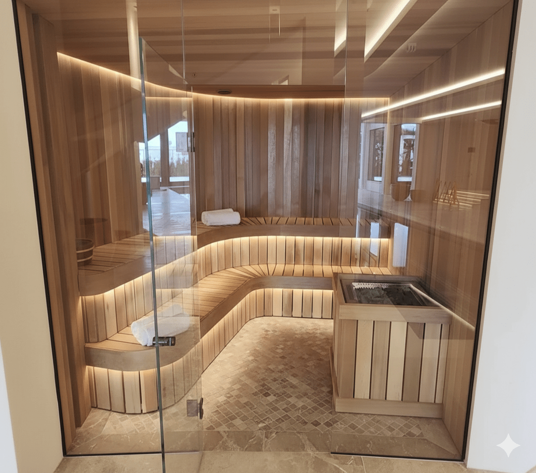 Custom luxury sauna build in Toronto featuring complex curved bench carpentry, integrated LED lighting, and a large capacity electric heater Gemini Generated Image