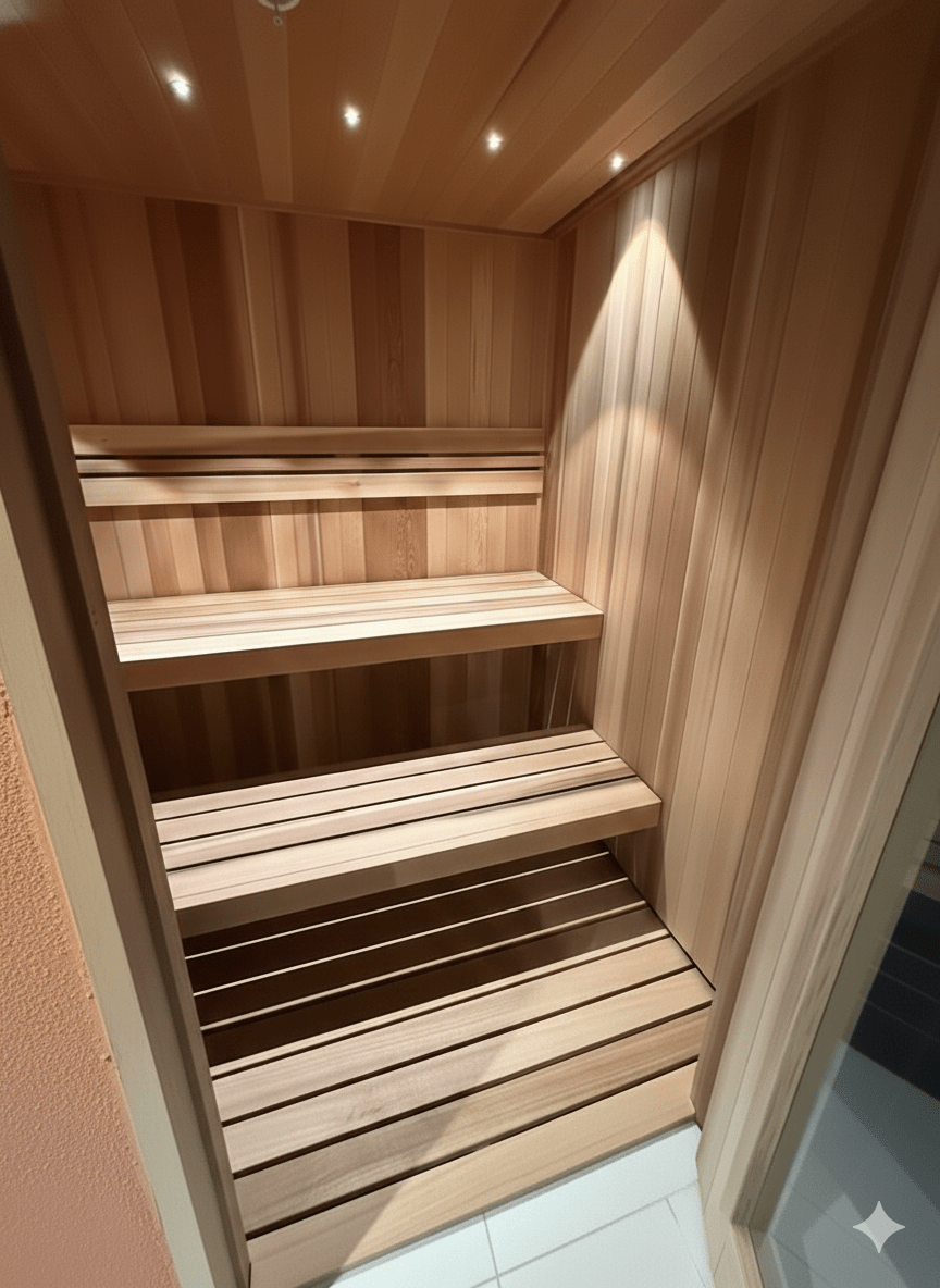 Custom wellness sauna construction in GTA with tiered cedar benches and recessed lighting Gemini Generated Image