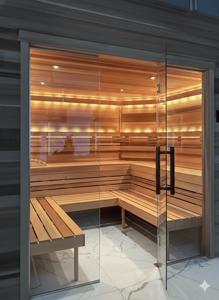 Glass front sauna installation in Toronto with Harvia cylinder heater and ventilation Gemini Generated Image