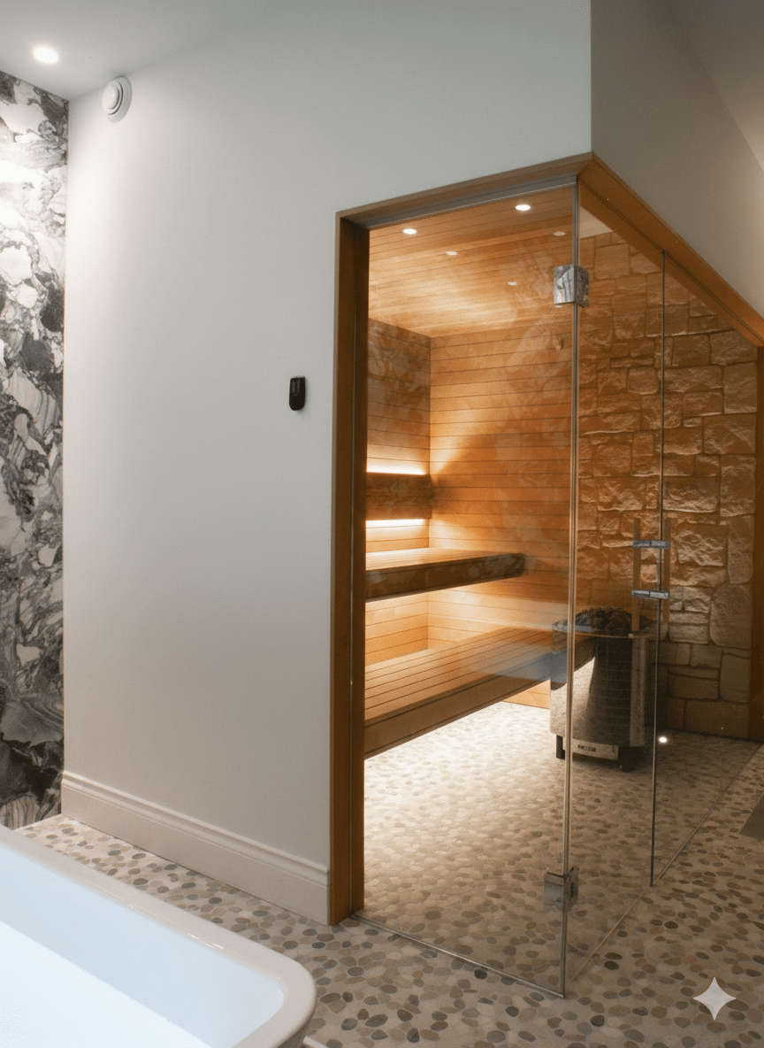 Modern residential sauna installation Toronto with stone accent wall, glass front, and under bench LED lighting Gemini Generated Image