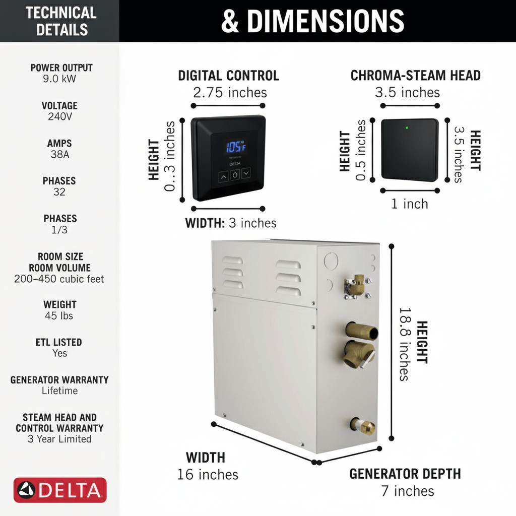 Technical diagram of 7.5kW steam shower generator dimensions and control panel specifications Gemini Generated Image