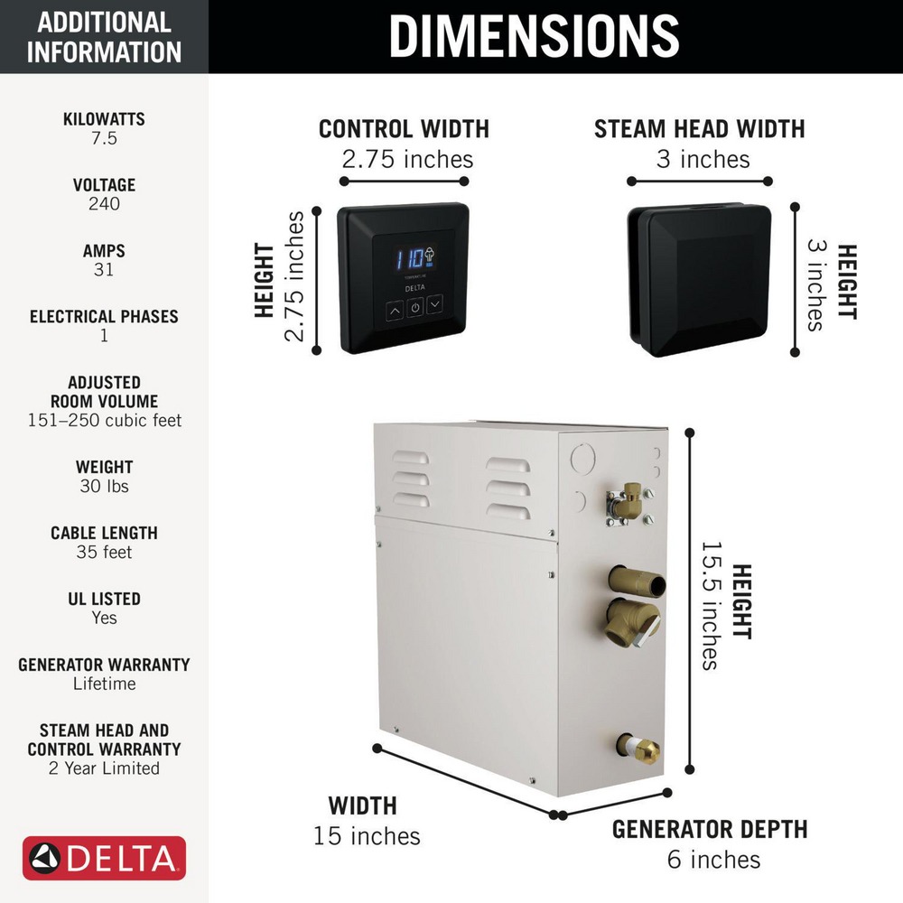 Technical diagram of 7.5kW steam shower generator dimensions and control panel specifications