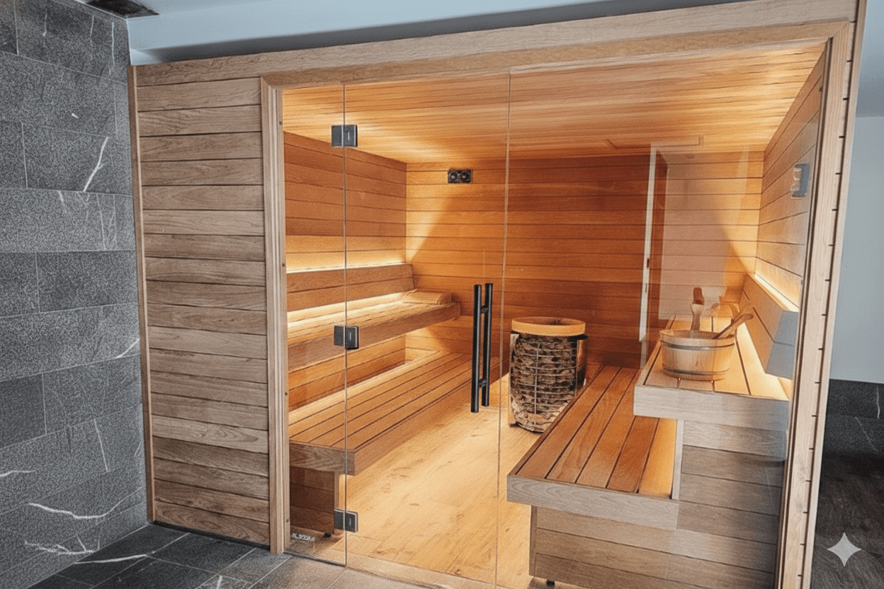 sauna renovation GTA featuring large glass enclosure and accessible layout Gemini Generated Image