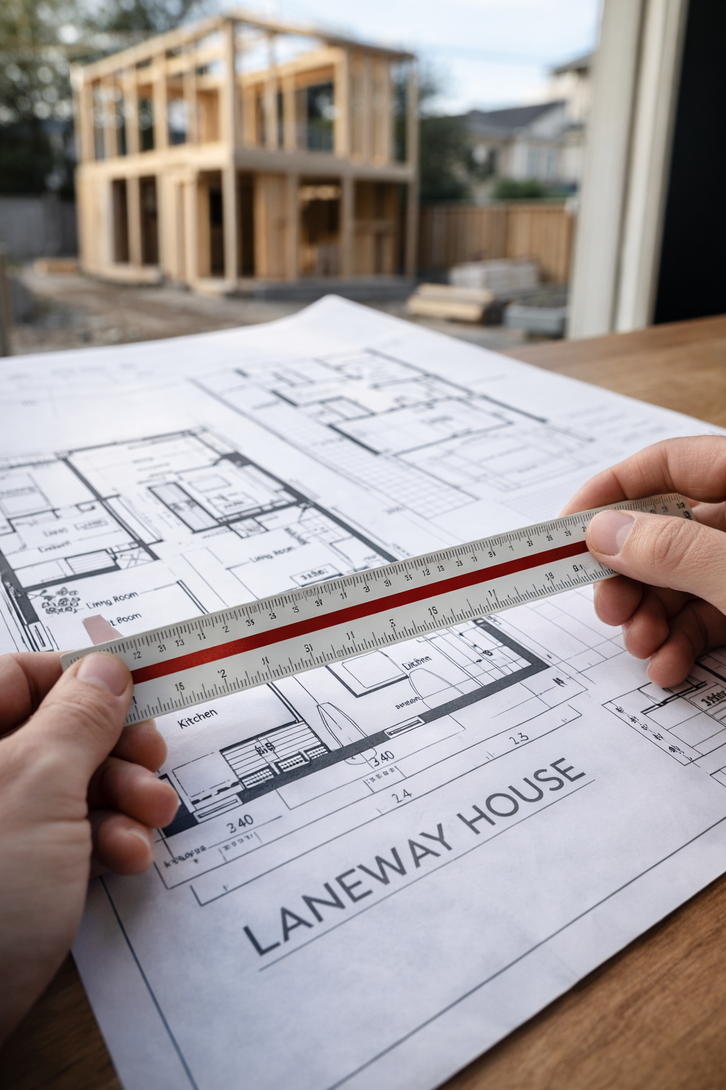 Magic Reno architect reviewing laneway house permit drawings and floor plans during ADU feasibility review — garden suite design build process Toronto