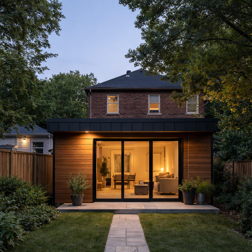 Modern garden suite in Toronto backyard at dusk — cedar wood cladding sliding glass doors landscaped pathway completed ADU build Magic Reno