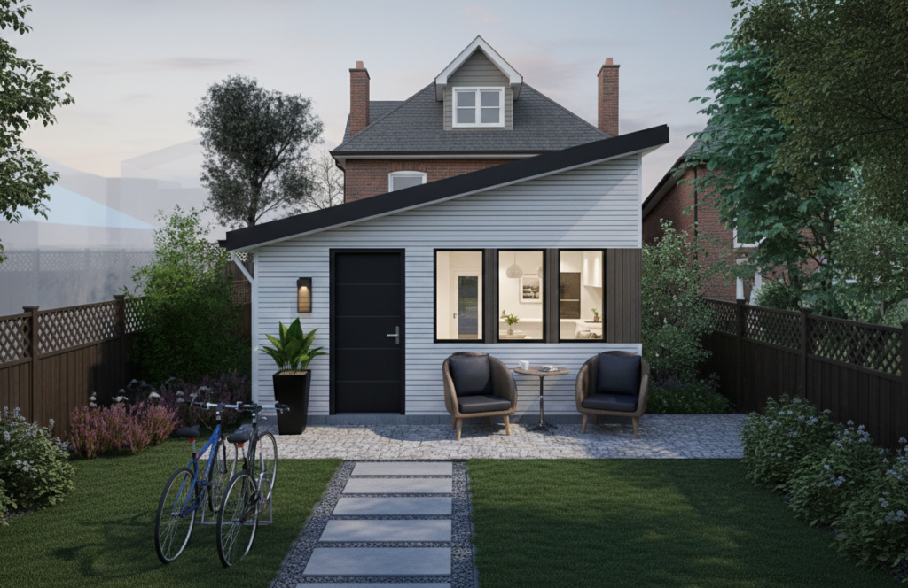 Modern studio garden suite in Toronto backyard at dusk white horizontal siding black steel door large windows illuminated interior patio seating landscaped pathway main brick house behind ADU