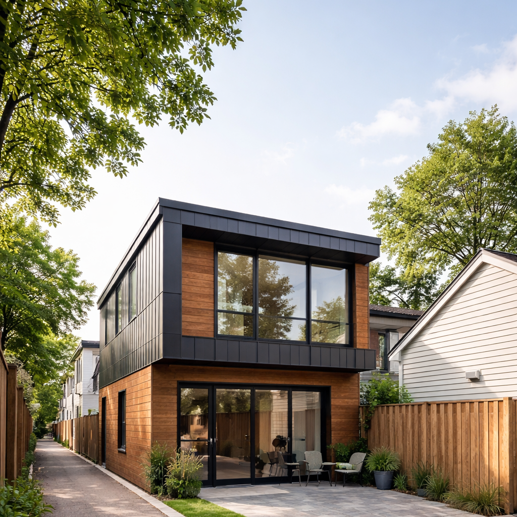 Modern two storey laneway house Toronto — cedar and black metal cladding floor to ceiling windows direct laneway access completed permitted ADU Magic Reno