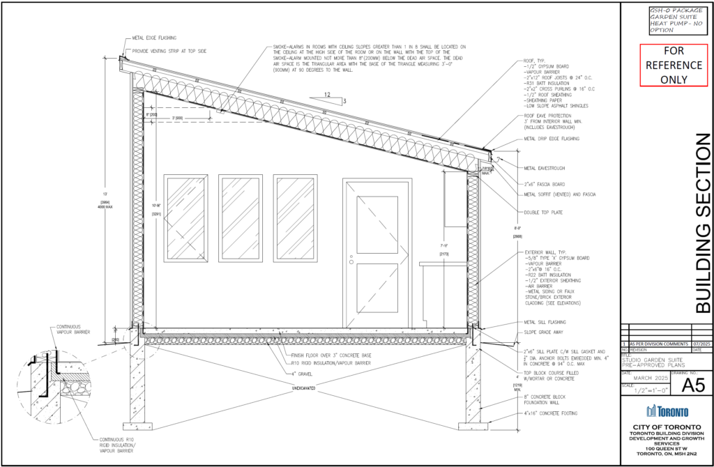 Studio Garden Suite Toronto building section A5 — R31 batt insulation 2x12 roof joists 24" o.c. 8" concrete block foundation wall 4x16 concrete footing R10 vapour barrier exterior wall assembly R22 batt insulation OBC pre-approved drawings City of Toronto