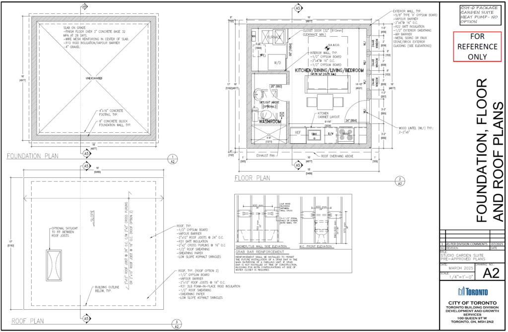 Studio Garden Suite Toronto foundation floor and roof plans A2 — slab on grade 4x16 concrete footing 8" concrete block foundation wall floor plan kitchen dining living bedroom washroom skylight optional R31 batt insulation two roof options pre-approved permit drawings City of Toronto 2025