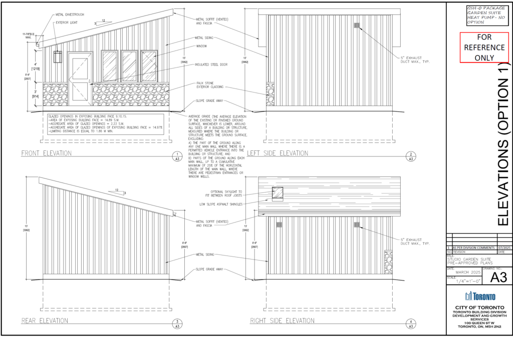 Studio Garden Suite Toronto elevations option 1 A3 — front rear left right side elevation metal siding faux stone exterior cladding insulated steel door low slope asphalt shingles skylight optional permit drawings City of Toronto Building Division