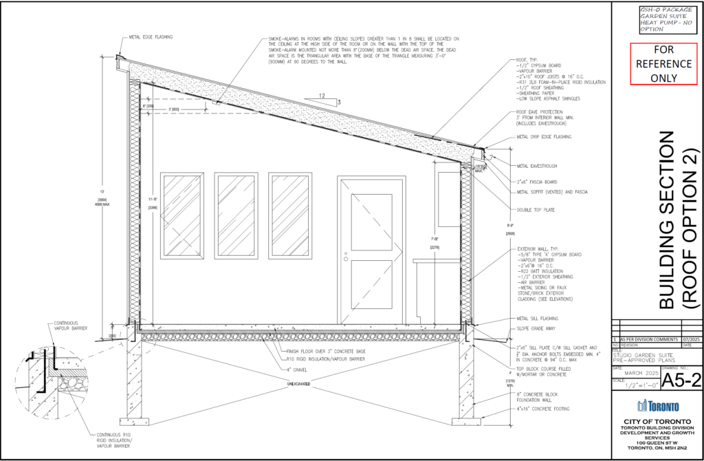 Studio Garden Suite Toronto building section roof construction detail — R31 insulation 2x10 roof joists concrete block foundation wall helical pier slab OBC compliant drawing A5 2