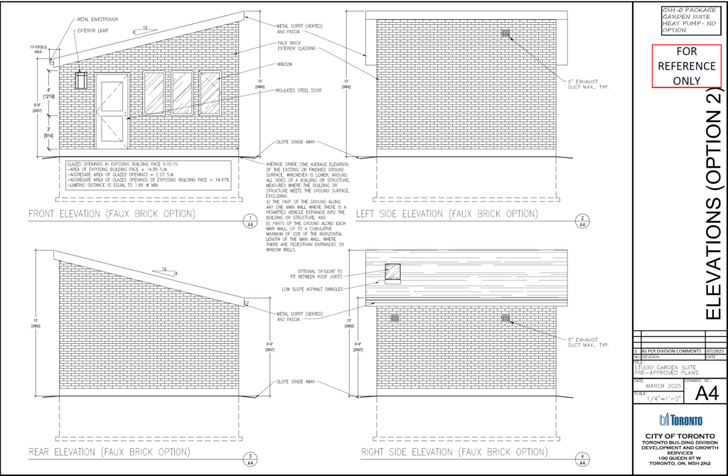 Studio Garden Suite Toronto elevations faux brick exterior cladding option — front rear left right side elevation drawings pre approved permit package City of Toronto